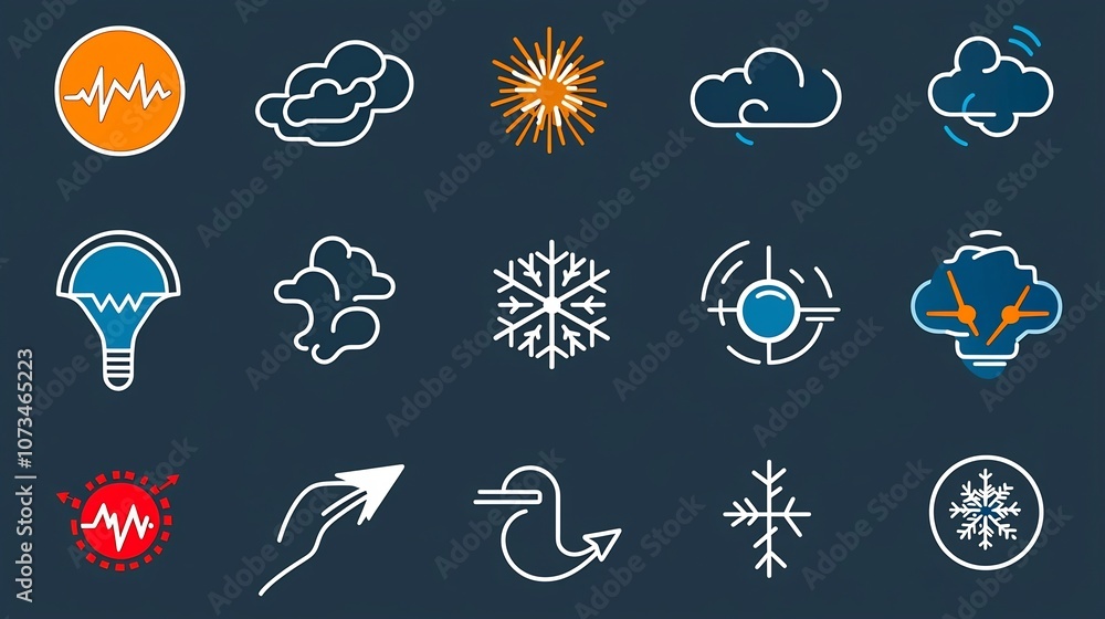 Poster Set of editable meteorology icons including thunderstorm snowflake sunshine and temperature symbols in a flat 64x64 pixel perfect outline design  These icons can be used for weather forecast