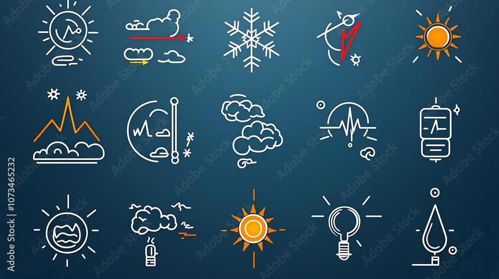 Poster comprehensive set of meteorology icons including thunderstorm snowflake sunshine and temperature sym