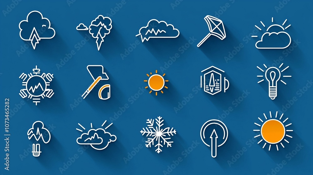 Aufkleber Set of minimalist meteorology icons including thunderstorm snowflake sunshine and temperature symbols with editable stroke outline  Designed in a flat style for use in digital applications