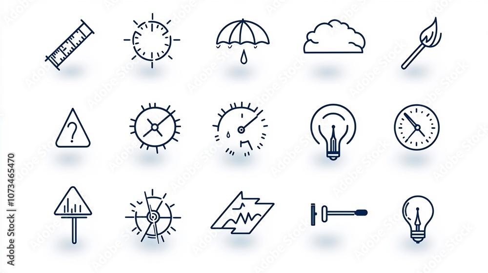 Aufkleber Set of Minimalist Meteorology Icons in Editable Outline Style Including Rain Temperature and Barometer Symbols for Weather Forecast Visualization and Digital Interface Design