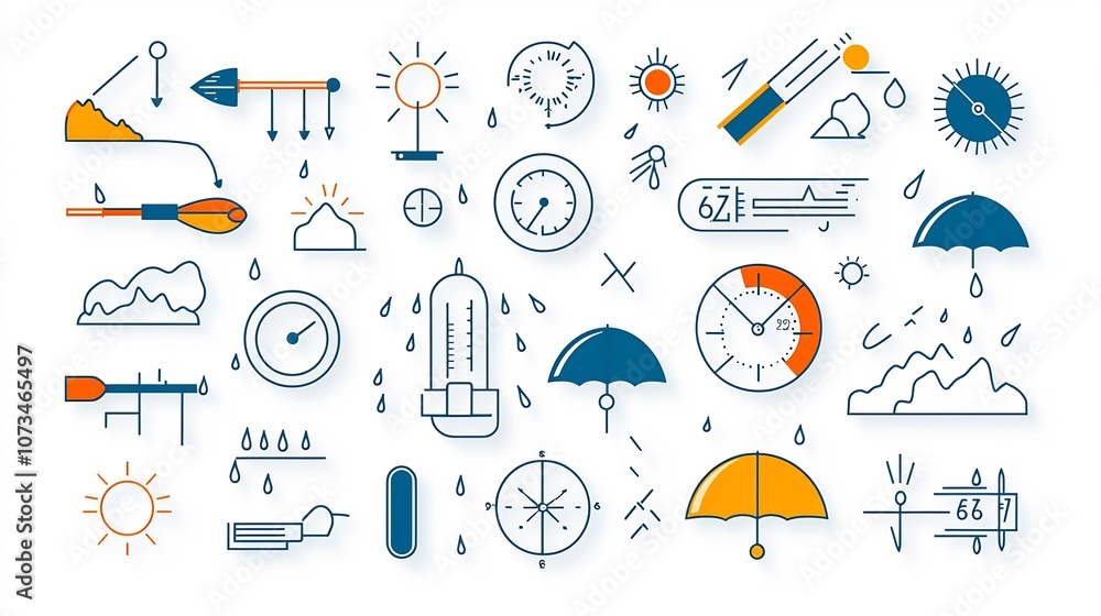 Aufkleber Set of Minimalist Meteorology Icons in Editable Outline Style Depicting Weather Symbols Like Rain Temperature and Barometer in Flat Design Isolated on White Background