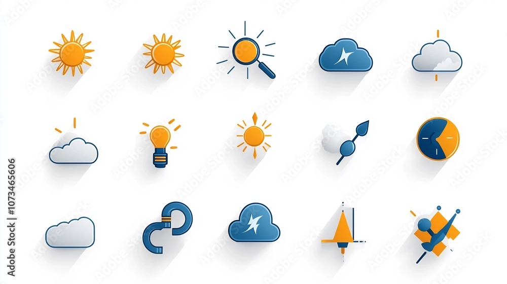 Poster Simple and Modern Meteorology Icon Set with Symbols of Sunshine Snow Cloud and Fog in Editable Stroke Outline Style Flat Isolated on White Background