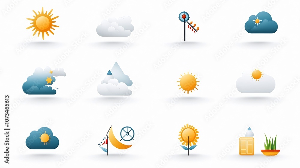 Fototapete Set of simple meteorology icons with symbols of sunshine snow cloud and fog in editable stroke outline style flat for weather forecasting user interface and mobile app design