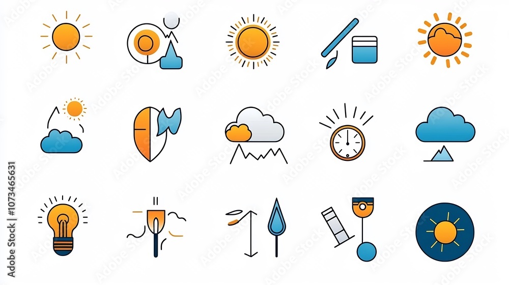 Fototapete a set of simple and clean meteorology icons with symbols representing sunshine snow cloud and fog de