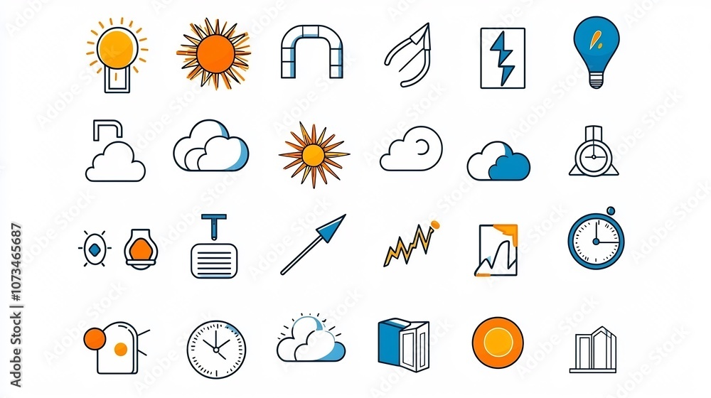 Poster set of outline weather forecast icons including cloud storm sun and rain symbols with editable strok