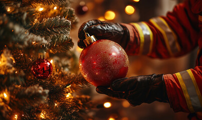 Close-up of firefighter&rsquo;s hand decorating Christmas tree. Gloved hand carefully places ornament. Bright lights reflect off ornaments. Scene contrasts holiday joy with firefighter&rsquo;s duty