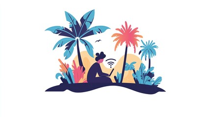 Person using technology among tropical plants