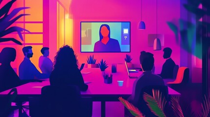 Virtual meeting in a colorful office setting