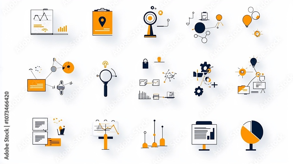 Aufkleber Flat icons depicting various elements of business team coordination task planning and reporting presented in an editable outline style on a white background
