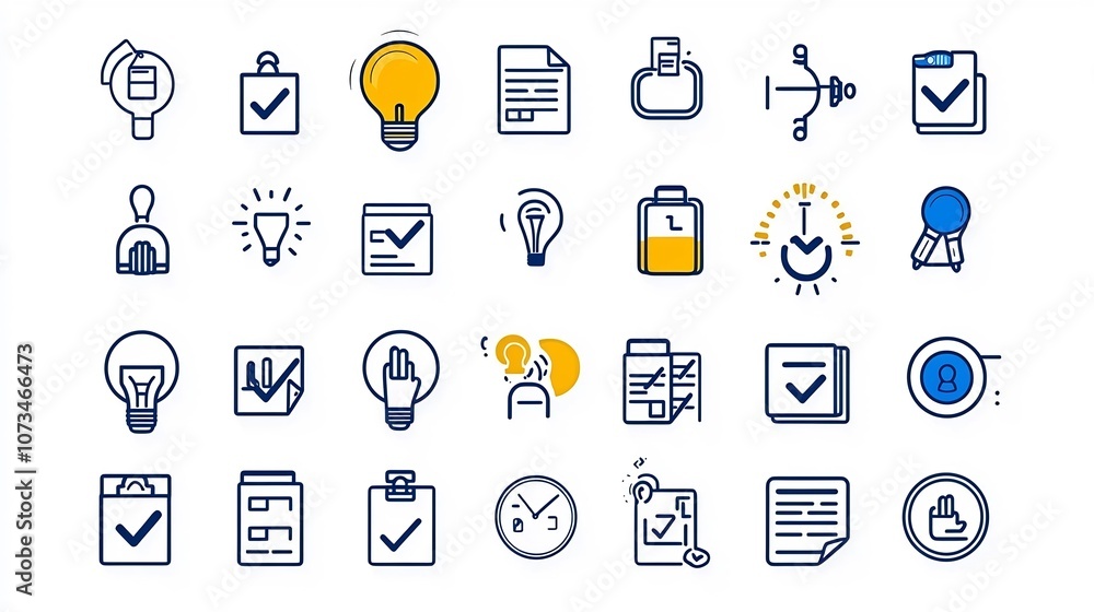 Fototapete Minimalist outline icons designed for management software featuring essential elements like checklist goal setting and resources  Flat graphics with clean editable strokes for use in UIUX