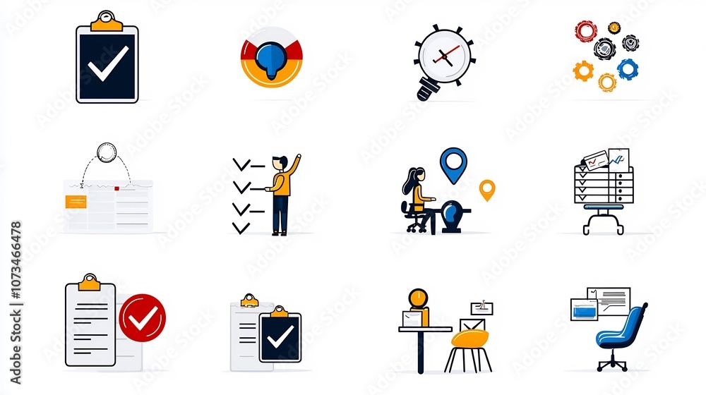 Fototapete Outline Icons Depicting Management Concepts such as Checklist Goal Setting and Available Resources on a White Background  Editable Stroke Flat Design
