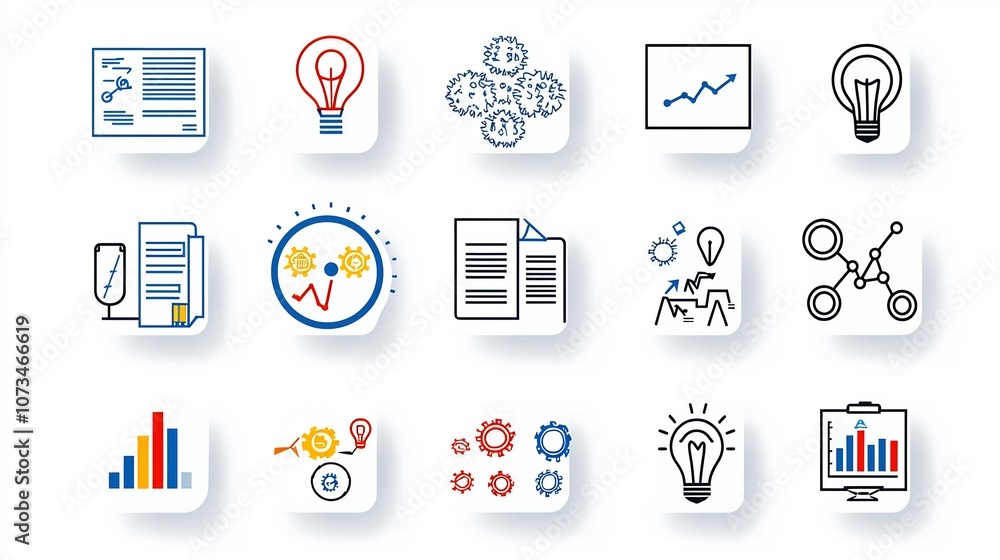 Aufkleber Simple set of outlined icons representing various management concepts such as productivity growth strategy and success metrics in a flat style