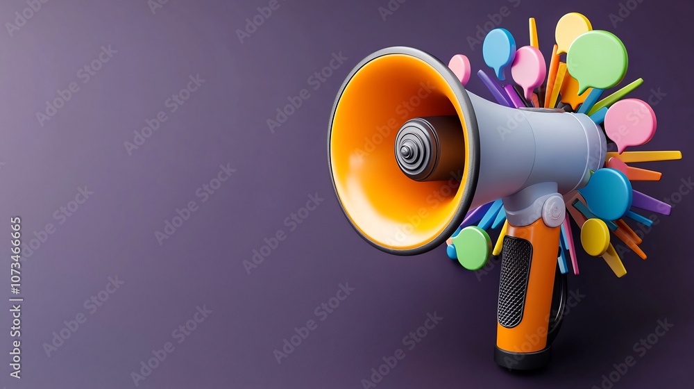 Poster powerful 3d megaphone highlighted by vibrant color speech bubbles radiating outward set against a so