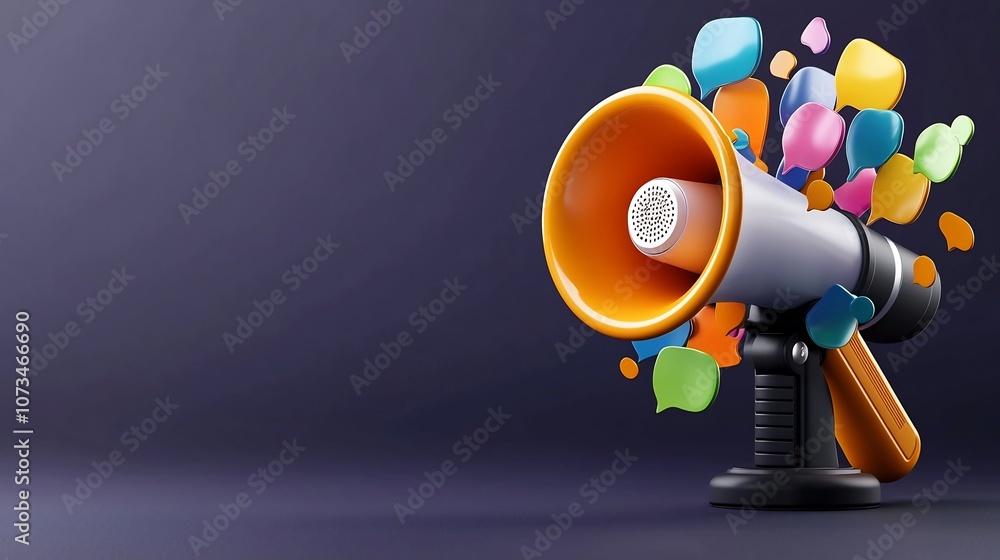 Poster powerful 3d megaphone with radiating speech bubbles in vibrant colors set against a solid dark purpl