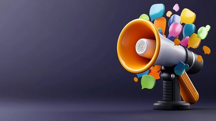 Powerful 3D megaphone with radiating speech bubbles in vibrant colors set against a solid dark purple background  This digital showcases a bold attention grabbing design perfect for marketing