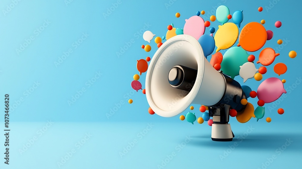Poster striking 3d megaphone icon surrounded by a dynamic burst of vibrant colorful speech bubbles against 