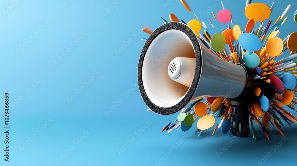 Poster vibrant and colorful 3d megaphone surrounded by a burst of different shaped speech bubbles against a