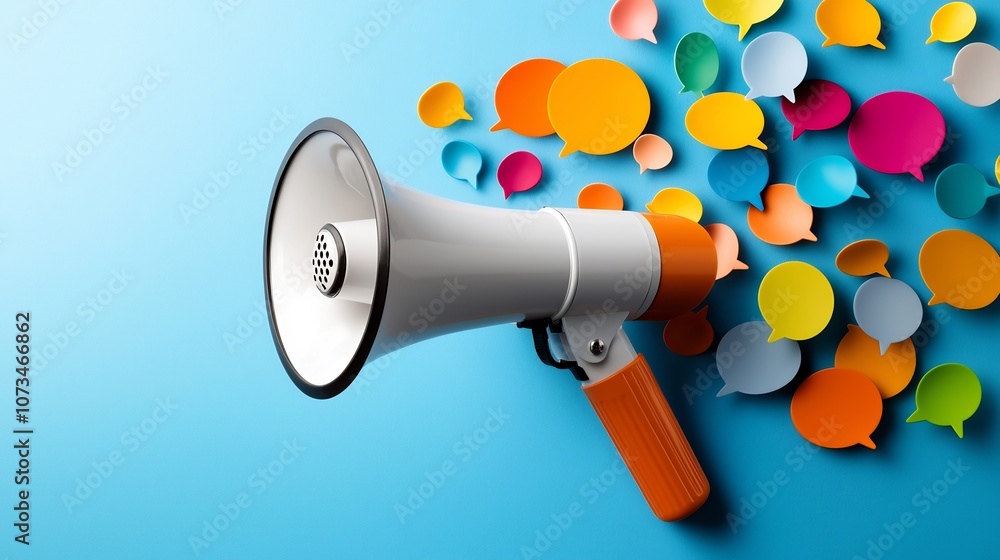 Leinwandbilder vibrant 3d megaphone with a burst of colorful speech bubbles in various shapes and sizes against a s