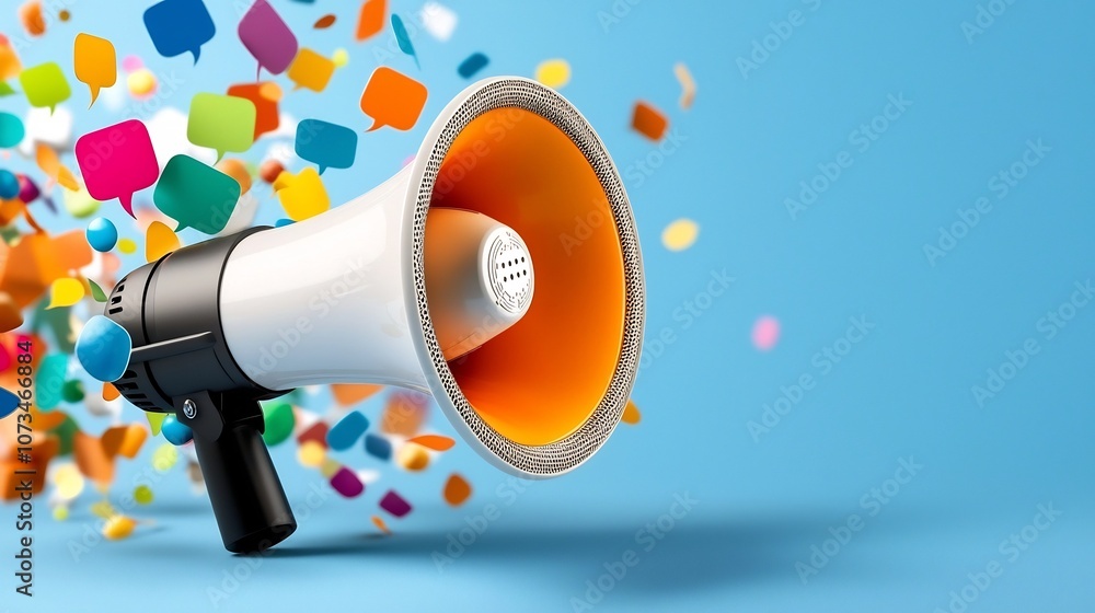 Poster a striking 3d megaphone design surrounded by a burst of vibrant colorful speech bubbles against a so