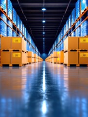 A Modern Warehouse Interior Featuring Neatly Stacked Boxes on Pallets with Bright LED Lighting Illuminating the Aisles and Blue Shelving Units