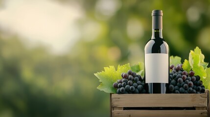 Fototapeta premium A bottle of wine surrounded by fresh grapes sits atop a rustic wooden crate, set against a blurred green background.