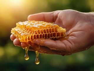 Beekeeper's Hand Holding Honeycomb Dripping with Nectar, Closeup of Beekeeping Harvest, Pure, Rustic, Natural Honey