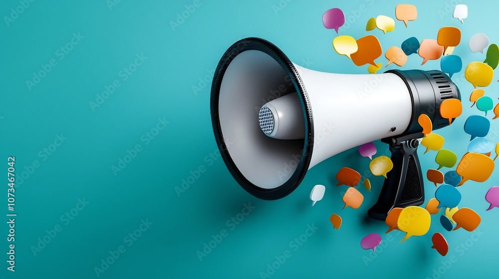 Poster Powerful Messaging A dynamic 3D megaphone surrounded by an explosion of colorful speech bubbles against a solid teal background