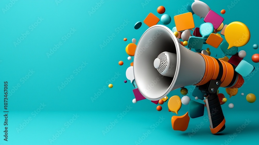 Poster Powerful 3D Megaphone Surrounded by an Explosion of Vibrant Speech Bubbles Against a Modern Teal Background Representing Impactful Messaging and Communication
