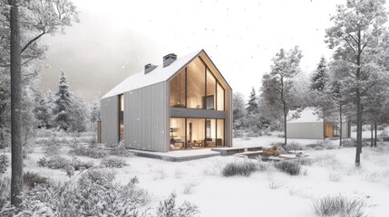 Modern Wooden House in a Snowy Forest