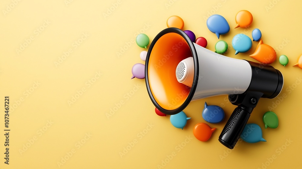 Poster bold 3d megaphone surrounded by a swirl of colorful speech bubbles on a smooth pastel yellow backgro