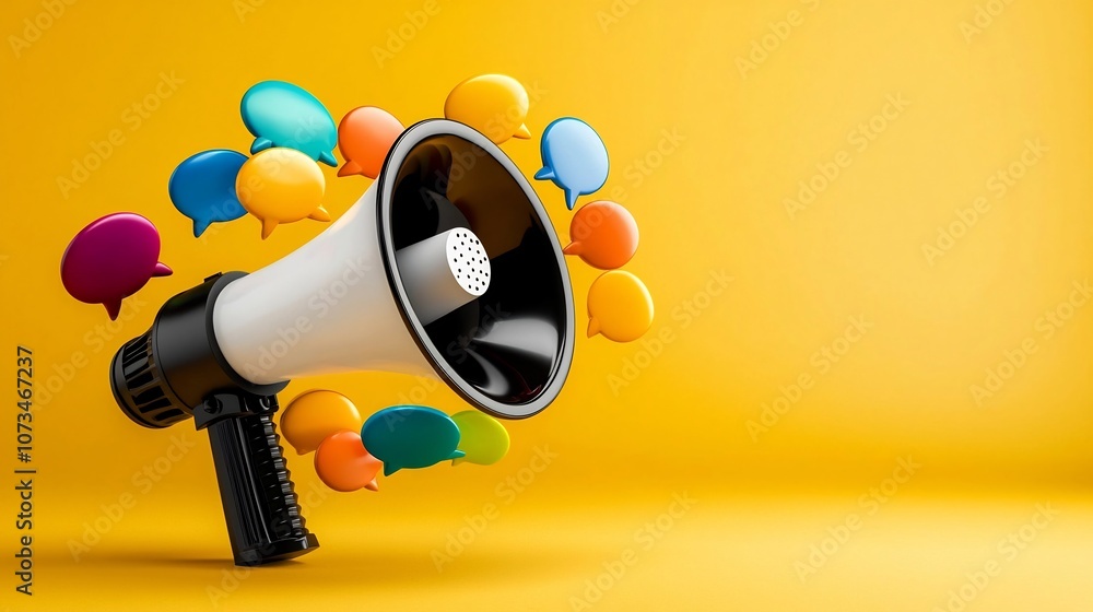 Poster vibrant 3d megaphone surrounded by swirling colorful speech bubbles against a smooth pastel yellow b