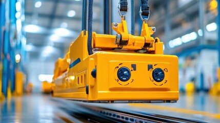 Yellow Industrial Magnet Lifting Heavy Equipment in Modern Warehouse Setting with Bright Ambient Light and Clear Equipment Background for Construction or Manufacturing Use