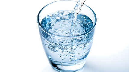 Water poured into a glass with ice on a white background.