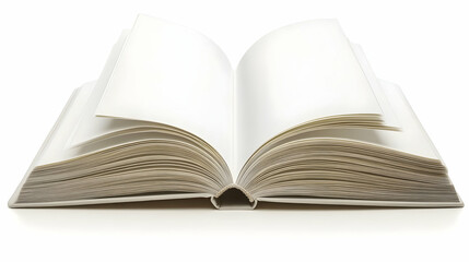 Obraz premium A blank, open book with white pages and a white background.