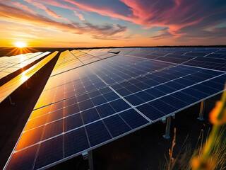 Solar panel field at sunrise, harnessing renewable energy for future.