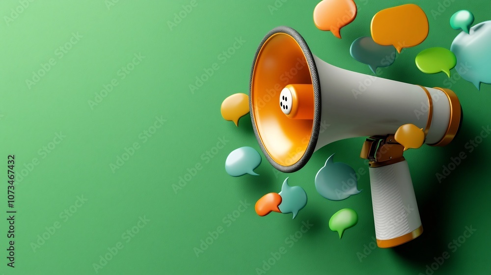 Aufkleber Visually striking 3D rendering of a megaphone surrounded by variously sized speech bubbles in bright vivid colors all floating against a lush green background  This dynamic