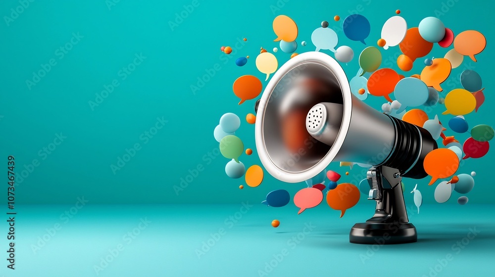 Aufkleber A dynamic 3D megaphone surrounded by an explosion of vibrant colorful speech bubbles against a solid teal background representing powerful messaging and digital communication