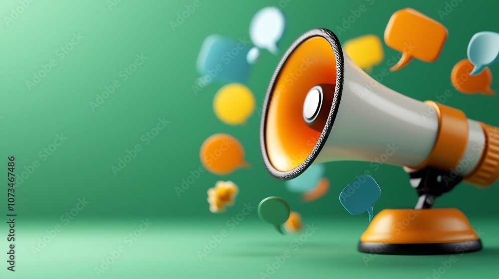 Poster Vibrant 3D rendering of a single megaphone with variously sized speech bubbles in bright colors floating around on a vivid green background
