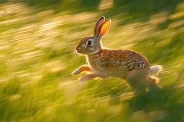 Rabbit dashing through tall grass in a sunlit meadow, motion blur capturing its swift, agile movement and soft fur, animal, nature, fast, countryside, summer. 