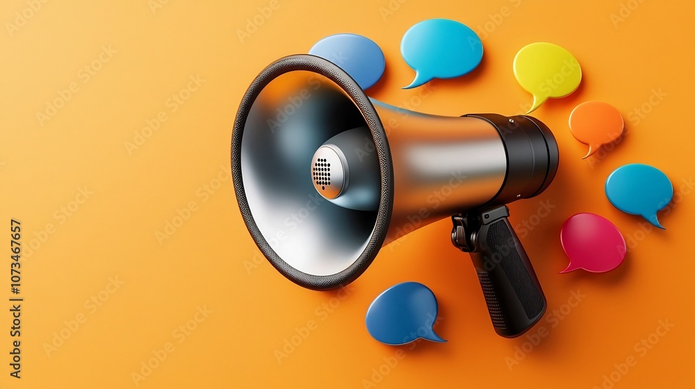 Poster A sleek 3D megaphone encircled by vibrant speech bubbles symbolizing effective communication and the power of digital media to reach and engage audiences