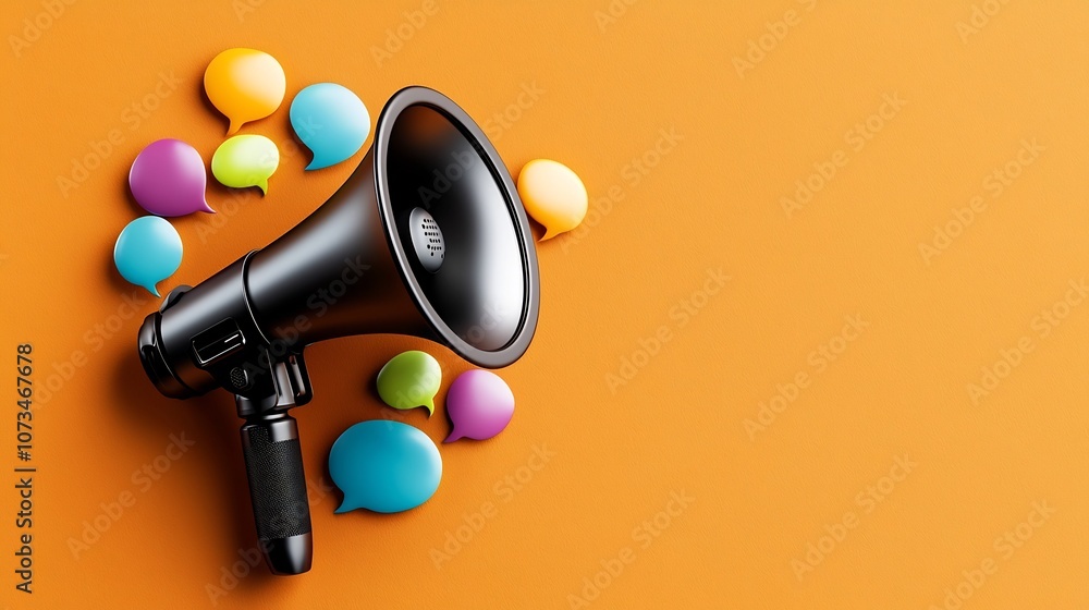 Aufkleber sleek 3d megaphone encircled by vibrant speech bubbles on a solid orange background symbolizing effe