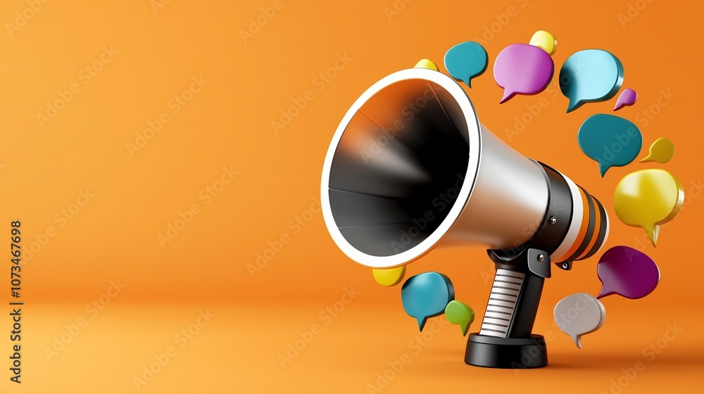 Poster sleek 3d megaphone encircled by vibrant speech bubbles symbolizing effective communication set on a 