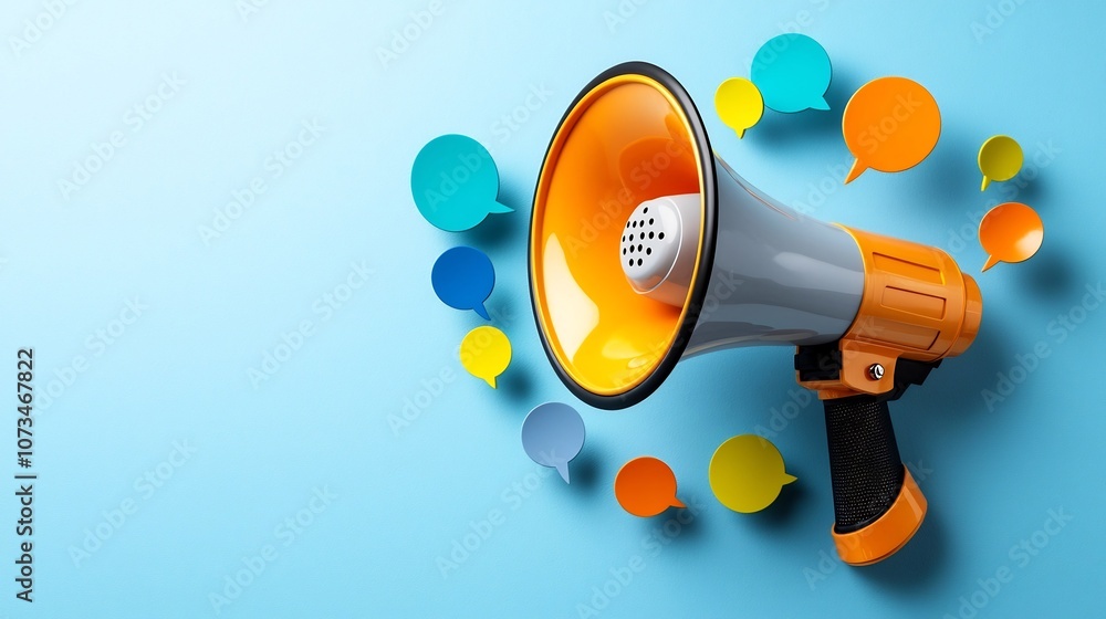 Poster striking 3d megaphone model with a variety of vibrant colorful speech bubbles orbiting it on a solid