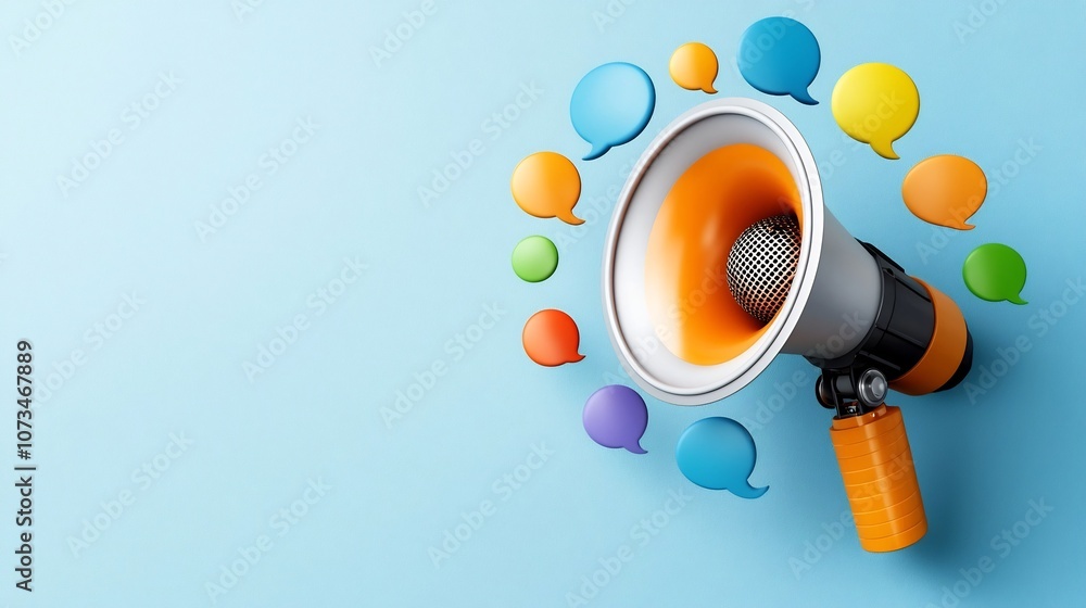 Poster Visually striking 3D rendered megaphone with a variety of colorful speech bubbles orbiting it symbolizing the power of voice communication and digital messaging on a solid light blue background