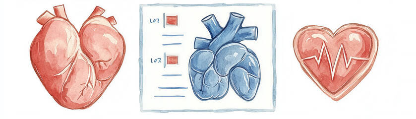 Illustration depicting three hearts: a realistic heart, a stylized heart, and a graphic heart with an ECG line, representing health and cardiology.
