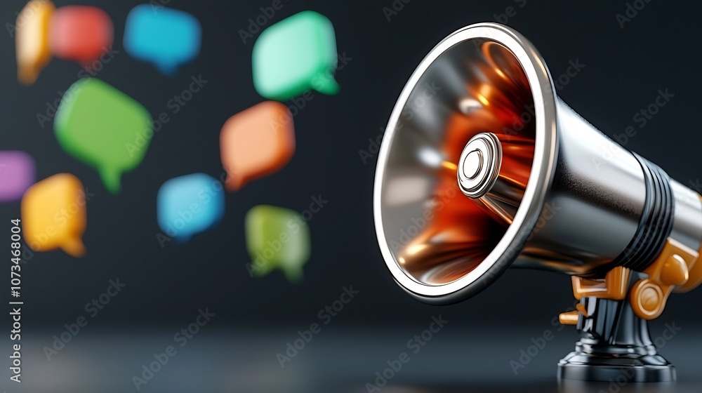 Poster metallic 3d megaphone with colorful speech bubbles floating around on a dark gray background represe