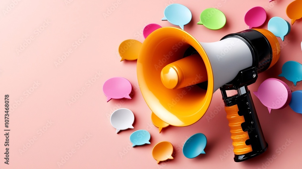 Poster A bold 3D megaphone in the center with speech bubbles of varying colors and sizes scattered on a vibrant pink background representing the powerful and dynamic nature of communication expression