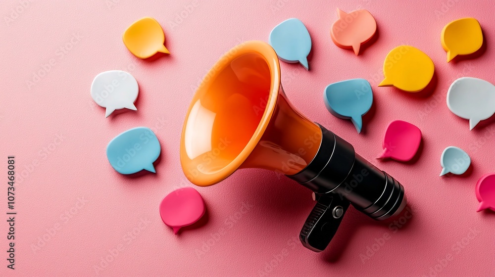 Poster Powerful 3D megaphone with a variety of colorful speech bubbles scattered on a vibrant pink background representing dynamic communication and multimedia presentation