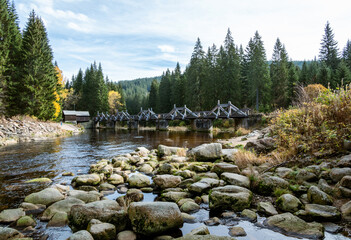 Wooden bridge, Rechle, at the Vchynicko-Tetovsk&eacute; canal on the Vydra River in &Scaron;umava