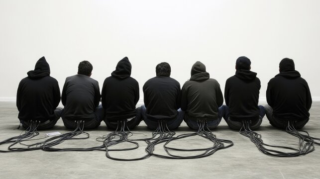 Professionals on laptops connected by cables collaborative business environment showcasing communication and digital connections in a sleek office